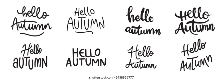 Collection of Hello Autumn text banner isolated on transparent background. Hand drawn vector art