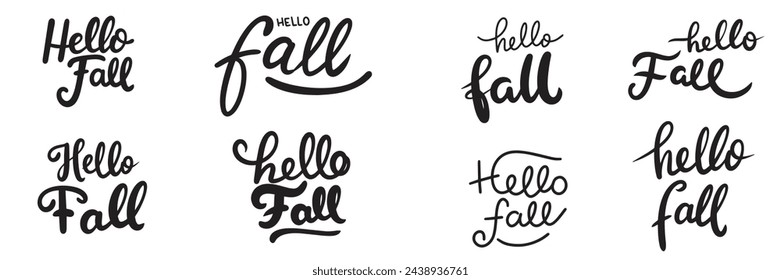 Collection of Hello Fall text banner isolated on transparent background. Hand drawn vector art