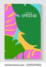 collection of Hello Spring greeting card or poster for decoration spring events, Mother's Day, Easter. Beautiful spring with abstract leaves. Concept of trendy spring cover background.