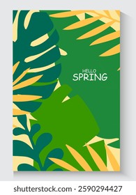 collection of Hello Spring greeting card or poster for decoration spring events, Mother's Day, Easter. Beautiful spring with abstract leaves. Concept of trendy spring cover background.