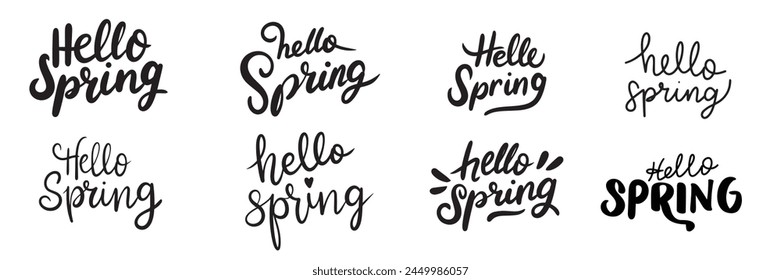 Collection of Hello Spring handwriting text in black color. Hand drawn vector art.