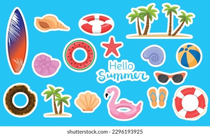 Collection of Hello summer stickers or clip art. Lifebuoy, ball, shell, sunglasses, palm, flamingo help ring, surfboard. Vector illustration.