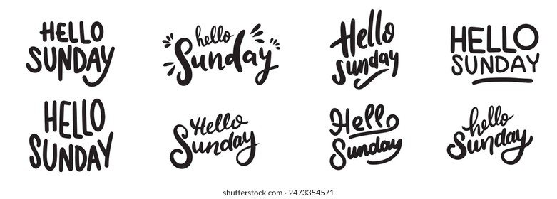 Collection Hello Sunday text lettering. Hand drawn vector art.