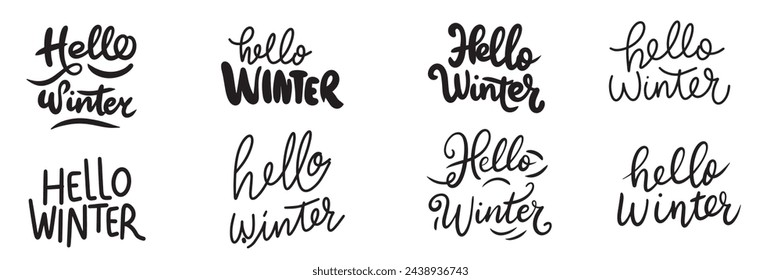 Collection of Hello Winter text banner isolated on transparent background. Hand drawn vector art