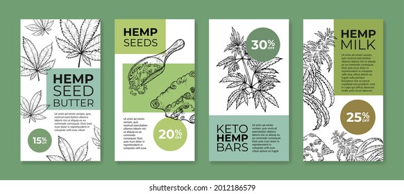 Collection of hemp product vertical stories poster vector flat illustration. Set of promo internet advertising with plant branch and seeds for healthy vegetarian eating. Food with natural ingredients