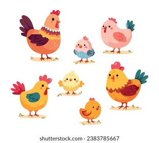 Collection of hens and chicks isolated on white background. Cute lovely family of domestic fowl. Farm animals. Set of birds for Easter, decor, invitation, cards. Childish cartoon vector illustration