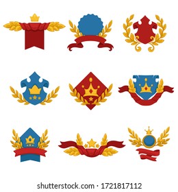 Collection of heraldic banners with copy space, isolated set of heraldry icons. Royal decor with crowns and stars, laurel leaves and wreaths. Decorative emblems for products, vector in flat style