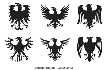 Collection of heraldic eagle logos. Ancient bird badge symbol silhouette