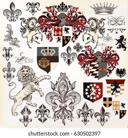 Collection of heraldic elements  with lion, shield,  griffin etc