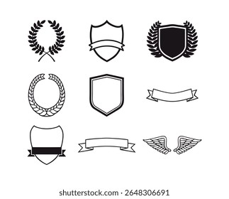 Collection of heraldic emblems including shields laurel wreaths and banners silhouette