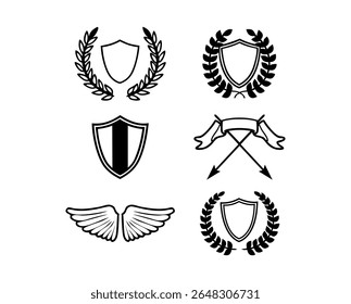 Collection of heraldic emblems including shields laurels ribbons and wings silhouette