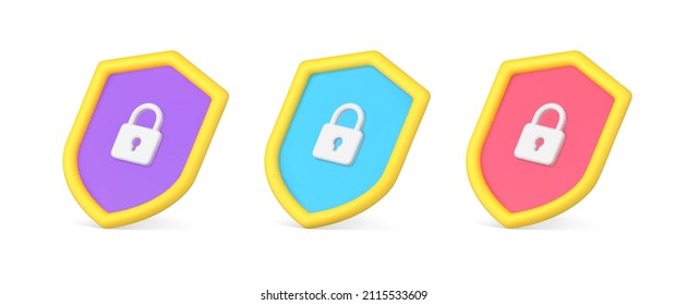Colección de escudo de insignia heráldica con candado cerrado y agujero para la ilustración isométrica isométrica 3d vectorial. Establezca la marca de protección de la información antivirus multicolor aislada. Barrera de spam anónimo