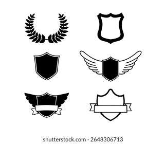 Collection of heraldic shield emblems and laurel wreath silhouette