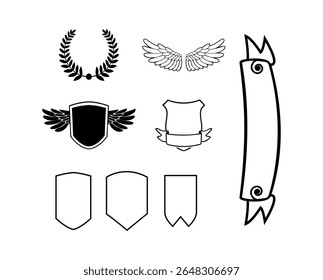 Collection of heraldic symbols including wings laurel wreath shields and banners silhouette