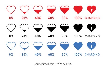 Collection of herat vector icon set in red, black, blue color. Heart shape loading progress indicator vector illustration. Heart label.