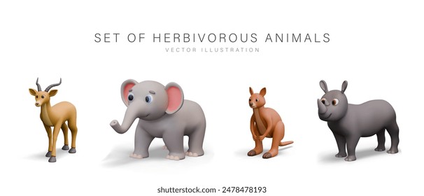 Collection of herbivorous wild animals. Gazelle, elephant, kangaroo, rhinoceros