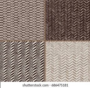 Collection of Herringbone Hand Drawn textures, seamless vector backgrounds in vintage style.
