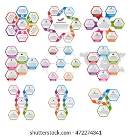 Collection of hexagon colorful infographics. Design elements. 