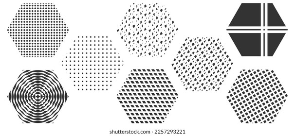 Collection of hexagon with decorative geometric pattern. Icon of Hexagon shape design element. Vector illustration