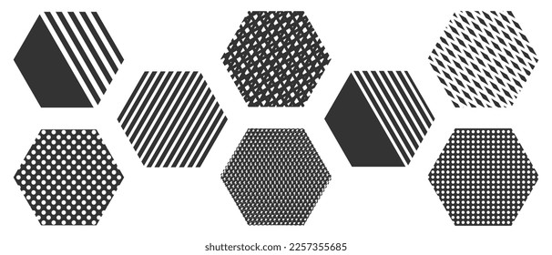 Collection of hexagon with decorative geometric pattern. Icon of Hexagon shape design element. Vector illustration