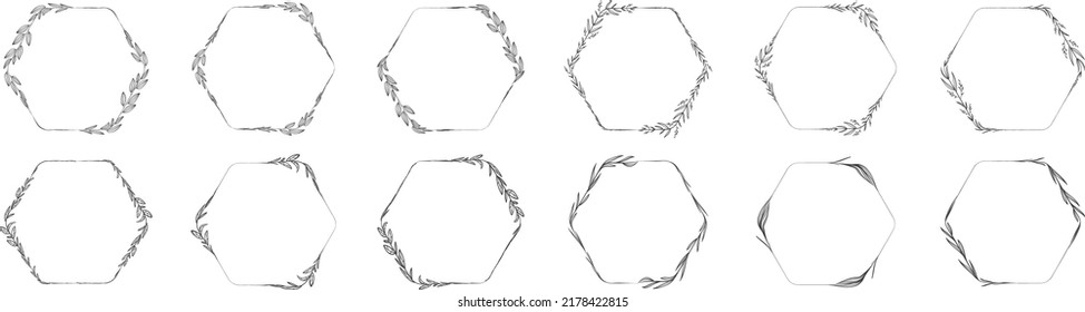 Collection of hexagon shape leaf wreath element decorative design for invitation card template  