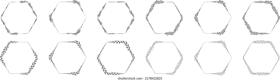 Collection of hexagon shape leaf wreath element decorative design for invitation card template  