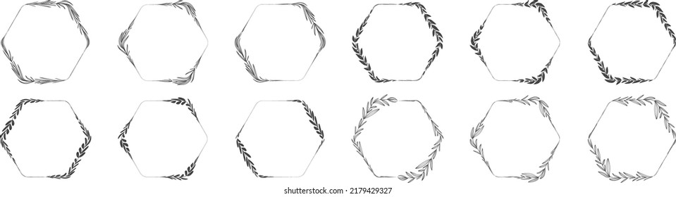Collection of hexagon shape leaf wreath element decorative design for invitation card template  
