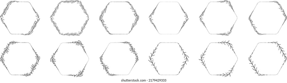 Collection of hexagon shape leaf wreath element decorative design for invitation card template  