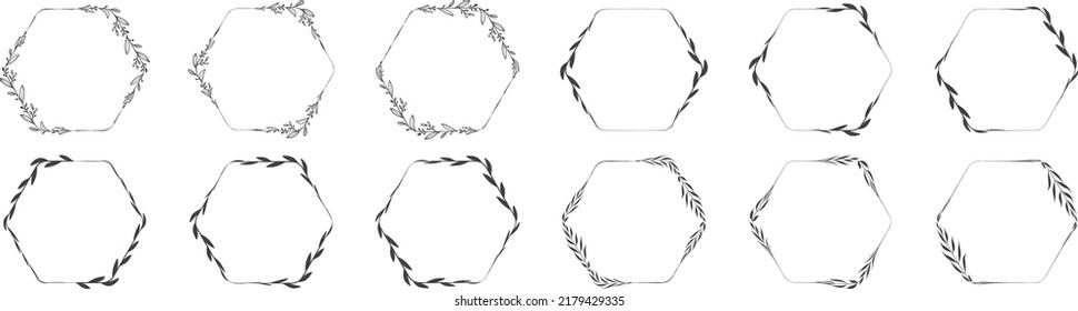 Collection of hexagon shape leaf wreath element decorative design for invitation card template  