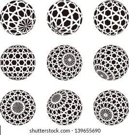 Collection of hexagon sphere vector logo template. Abstract globe symbol, isolated black round icon