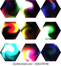 Collection of hexagonal colored backgrounds. Holographic style of 90th, 80th. Trendy soft color theme. Black eco fluid templates for your poster, presentation, invitation, brochure or cards.