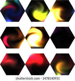 Collection of hexagonal colored backgrounds. Trendy soft color polygon. Futuristic style of 90th, 80th. Black eco fluid templates for your poster, presentation, invitation, brochure or cards.