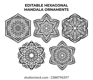 Collection of hexagonal mandala ornamental decoration pattern vector. Set of isolated cut out african floral henna pattern in black and white outline for coloring book.