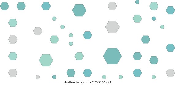 Una colección de Formas hexagonales en diferentes tamaños y tonos de verde azulado, azul y gris se dispersan a través de un fondo blanco limpio, creando una composición visual moderna y abstracta.
