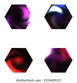 Collection of hexagonal smooth backgrounds. Creative style of 90th, 80th. Trendy soft color effect. Black elegant and easy editable colorful fluid covers for your creative projects.