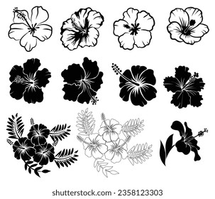 Collection of Hibiscus flower silhouettes, outlined vetor illustration