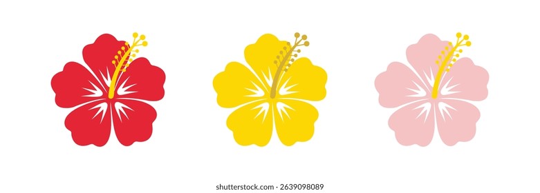 collection of hibiscus flower vector art in red, yellow, and pink. Ideal for tropical, floral, and summer-themed designs.