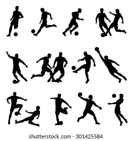 Collection of high detail adult male soccer player vector silhouettes.