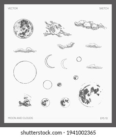 Collection high detail hand drawn vector illustration moon   clouds  sketch