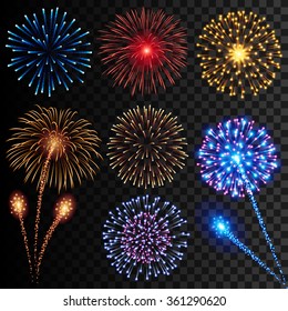 Collection of high detail vector illustrations of colorful realistic fireworks