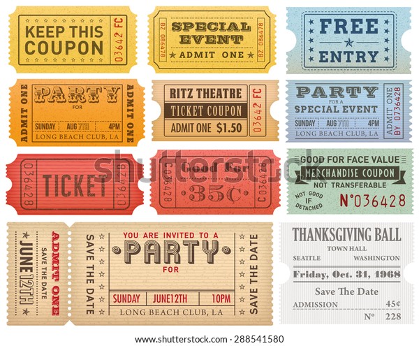 Collection of High detail Vintage grunge\
Tickets and Coupons vector\
illustrations