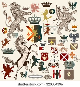 Collection of high detailed heraldic elements. Hand drawn lion, griffin, horse, shields, crowns, shapes and other elements