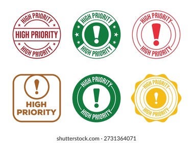 Colección de sellos e insignias de alta prioridad con signos de exclamación sobre fondo blanco