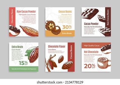 Cartel de promoción de cacao de alta calidad, ilustración vectorial real grabada. Ponga el polvo de cacao de la publicidad de la venta de descuento de oferta especial de lugar de volante para el texto. Gastronomía ecológica natural