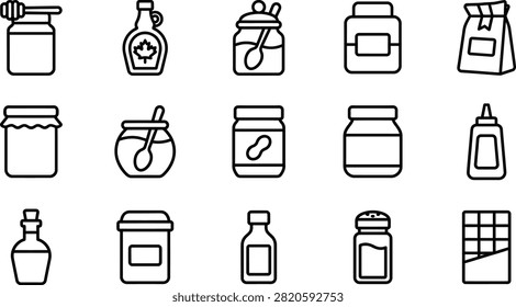 A collection of high quality pantry icons featuring monoline vector illustrations of food contners, jars, and kitchen staples.