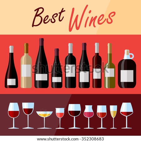 Collection of high quality premium wines. Flat design illustration of wine bottles and glasses with various types of wine