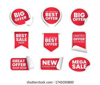 Collection of High Quality Realistic Red Labels on White Background . Isolated Vector Elements

