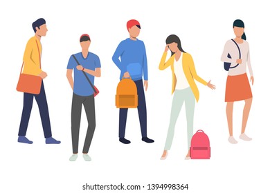 Collection of high school students. Flat cartoon characters with backpacks. Vector illustration can be used for promo, commercial, educational video