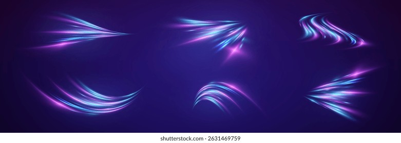 Collection of high speed light trails. Futuristic dynamic motion technology.Vector.
