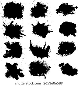 Collection of high-contrast black brush, ink splatters textures with various abstract stains, drips, and blot effects. Abstract grunge design element is for versatile design use, dirty texture.